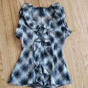 Urban Behavior Black and Gray Plaid Ruffle Button-Front Blouse